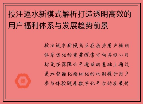投注返水新模式解析打造透明高效的用户福利体系与发展趋势前景